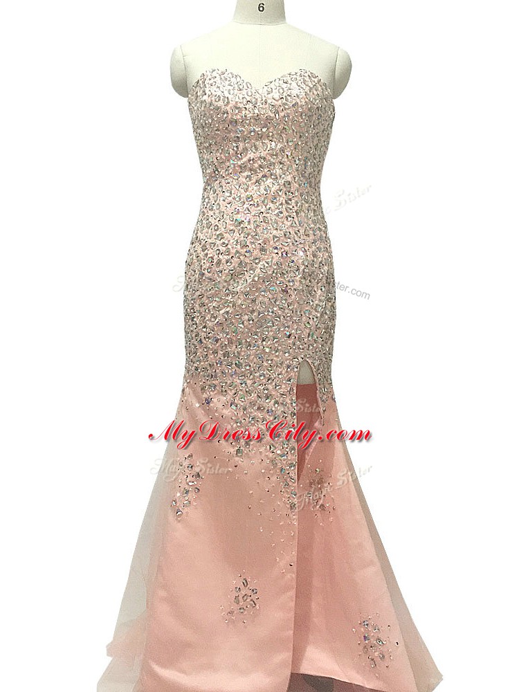 Luxurious Peach Zipper Going Out Dresses Beading Sleeveless Sweep Train