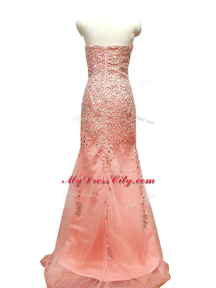 Luxurious Peach Zipper Going Out Dresses Beading Sleeveless Sweep Train