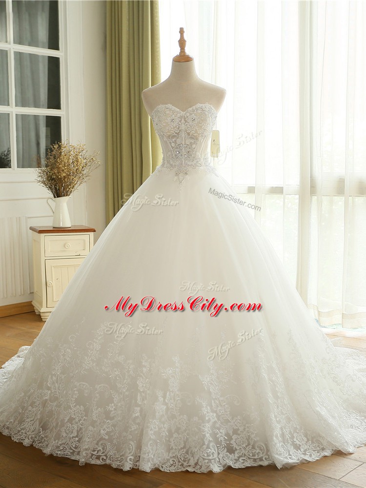 White Ball Gowns Beading and Lace and Appliques Wedding Dress Lace Up Tulle Sleeveless