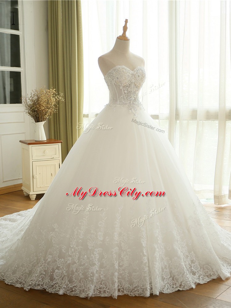 White Ball Gowns Beading and Lace and Appliques Wedding Dress Lace Up Tulle Sleeveless