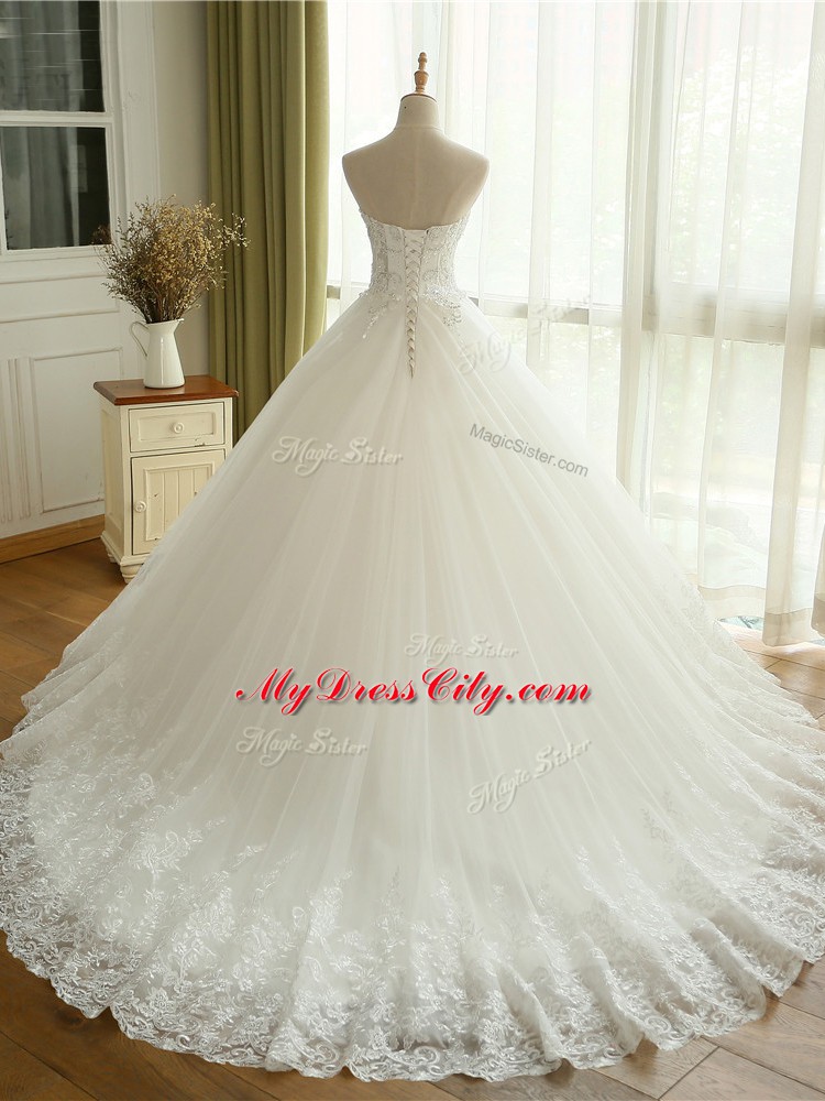 White Ball Gowns Beading and Lace and Appliques Wedding Dress Lace Up Tulle Sleeveless