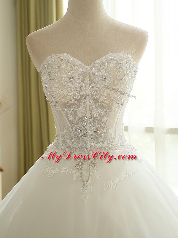 White Ball Gowns Beading and Lace and Appliques Wedding Dress Lace Up Tulle Sleeveless