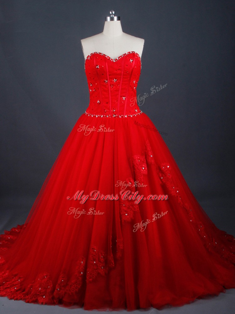 Colorful Tulle Sweetheart Sleeveless Brush Train Lace Up Appliques Wedding Gowns in Red