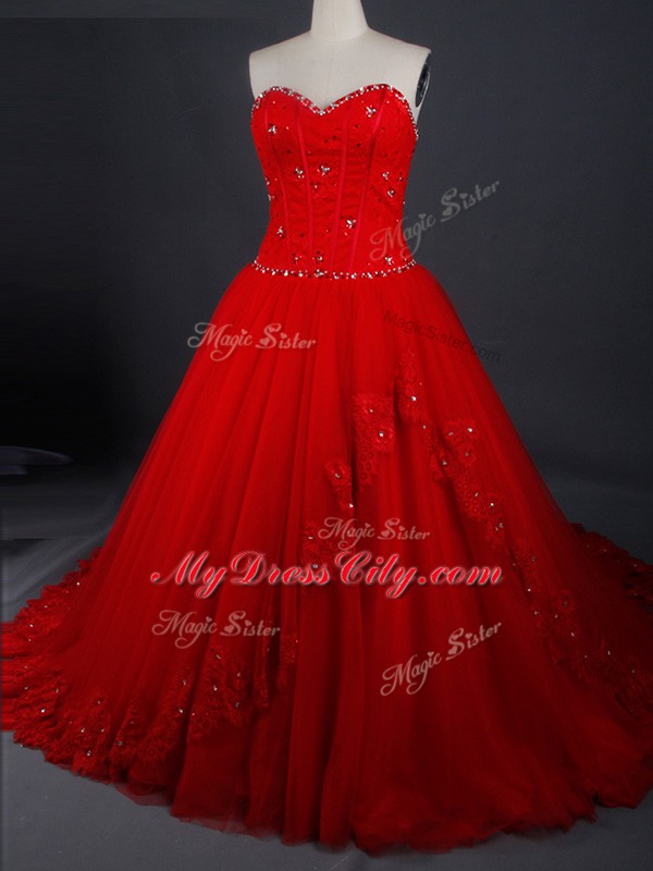 Colorful Tulle Sweetheart Sleeveless Brush Train Lace Up Appliques Wedding Gowns in Red