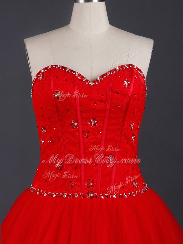 Colorful Tulle Sweetheart Sleeveless Brush Train Lace Up Appliques Wedding Gowns in Red