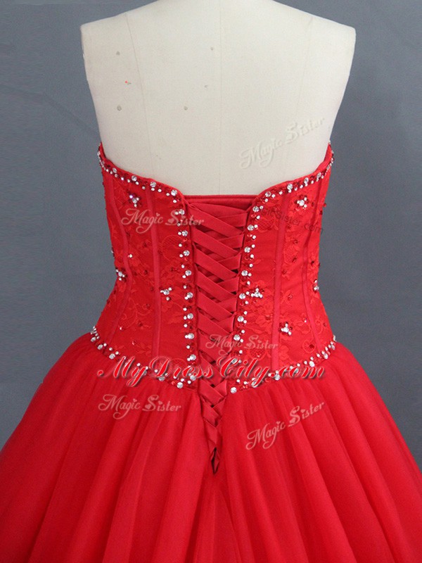 Colorful Tulle Sweetheart Sleeveless Brush Train Lace Up Appliques Wedding Gowns in Red