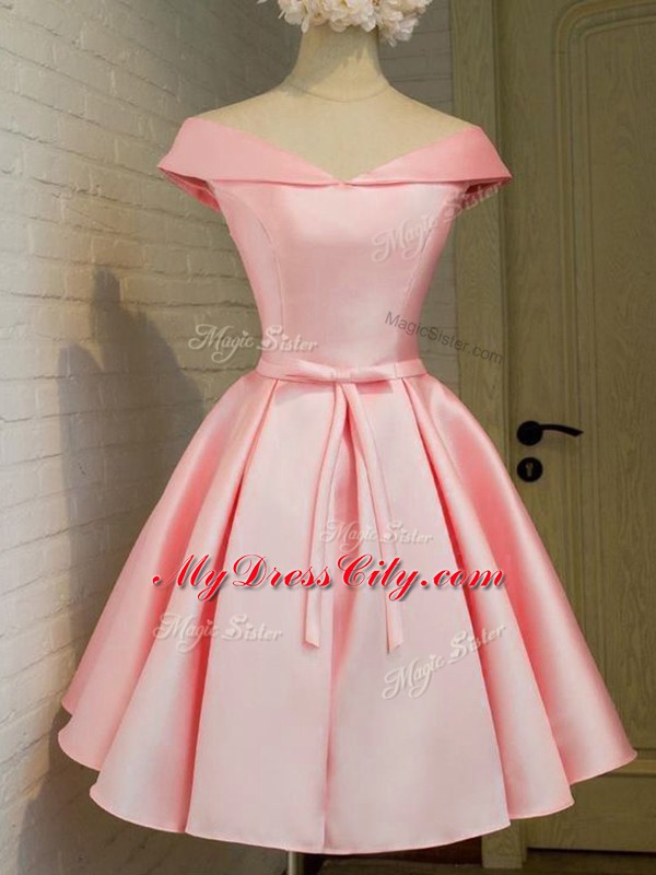 High Quality 3 4 Length Sleeve Knee Length Belt Lace Up Wedding Guest Dresses with Baby Pink