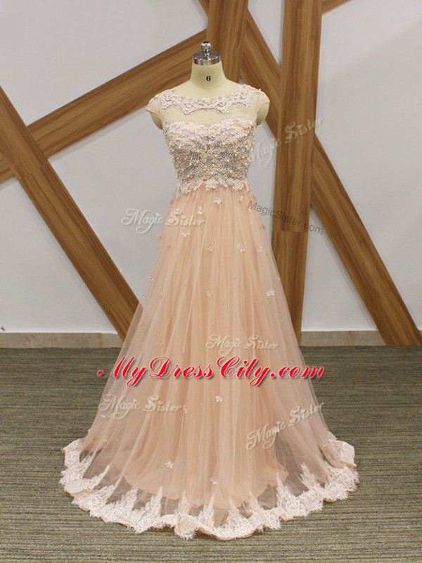 Glorious Floor Length Champagne Formal Dresses Tulle Sleeveless Beading and Lace and Appliques