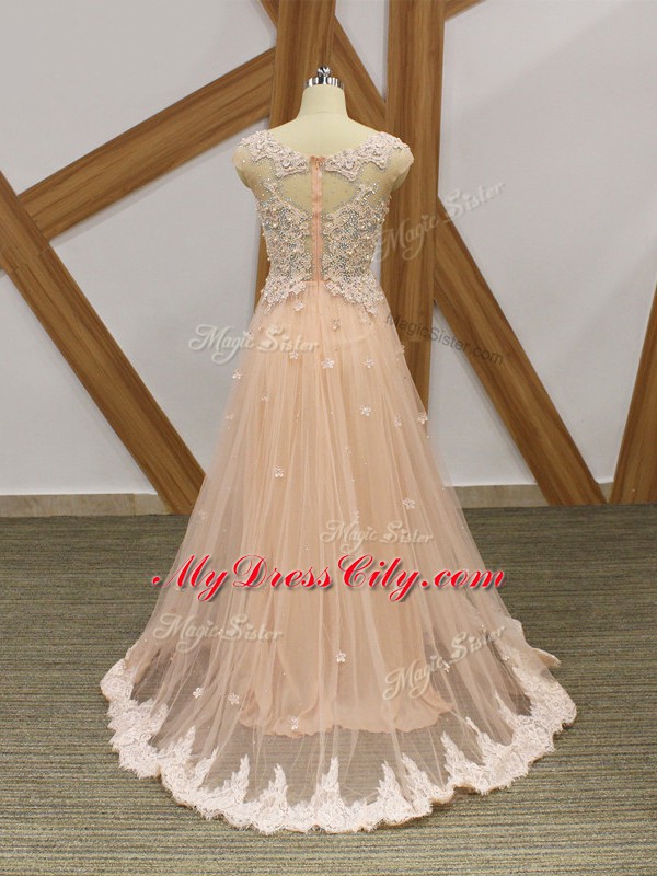 Glorious Floor Length Champagne Formal Dresses Tulle Sleeveless Beading and Lace and Appliques