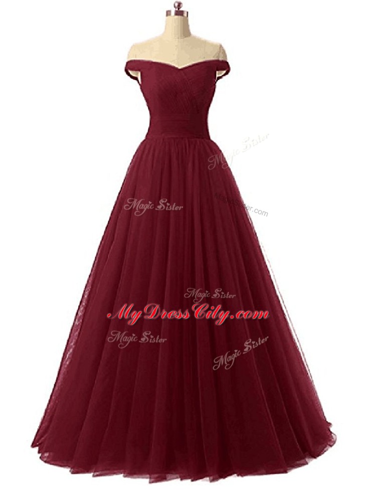 Graceful Burgundy Tulle Lace Up Off The Shoulder Sleeveless Floor Length Womens Party Dresses Ruching