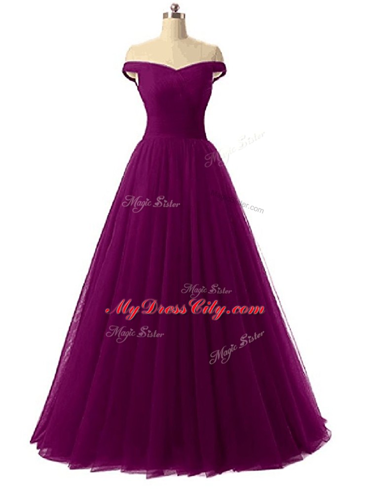 Graceful Burgundy Tulle Lace Up Off The Shoulder Sleeveless Floor Length Womens Party Dresses Ruching