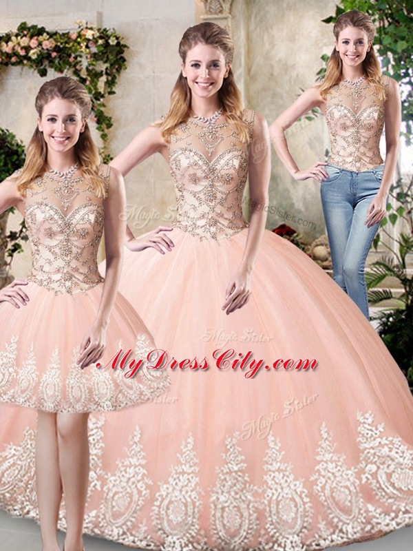 Sleeveless Floor Length Beading and Lace and Appliques Backless Vestidos de Quinceanera with Peach