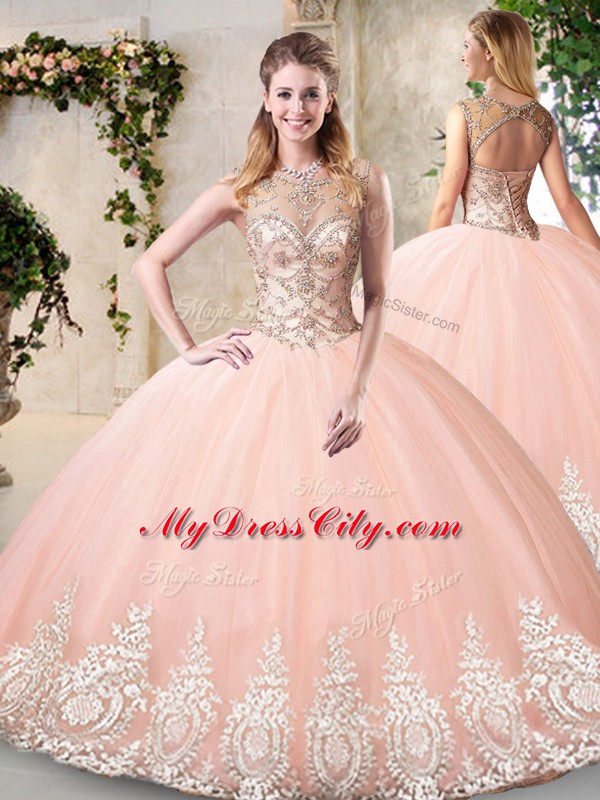 Sleeveless Floor Length Beading and Lace and Appliques Backless Vestidos de Quinceanera with Peach