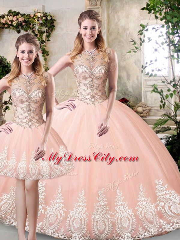 Sleeveless Floor Length Beading and Lace and Appliques Backless Vestidos de Quinceanera with Peach