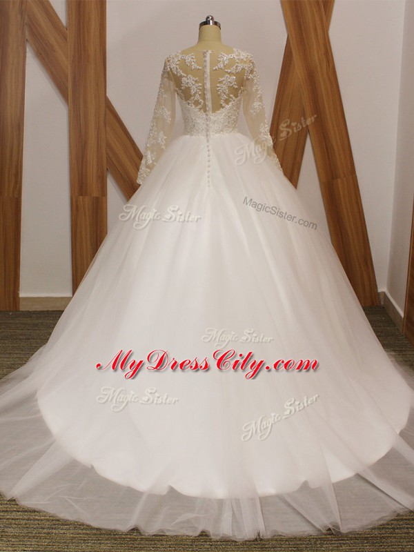 Wonderful White Long Sleeves Brush Train Lace Bridal Gown