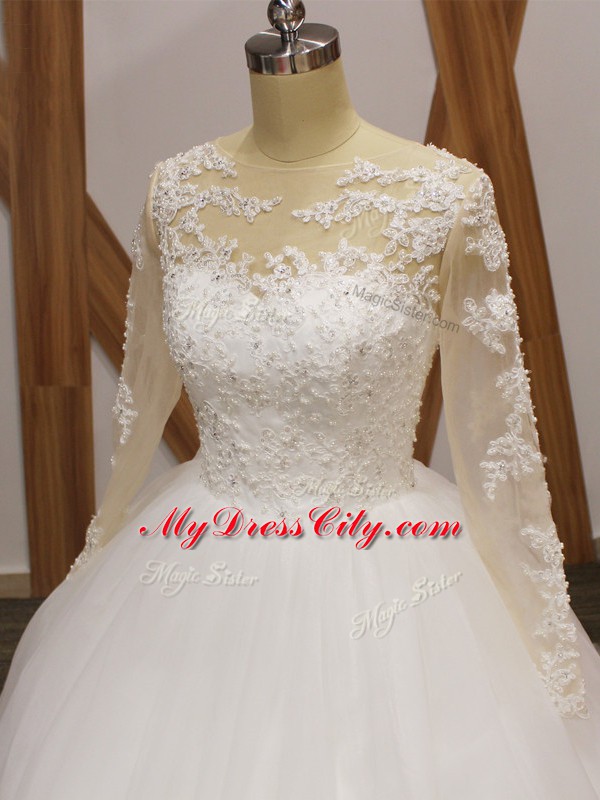 Wonderful White Long Sleeves Brush Train Lace Bridal Gown