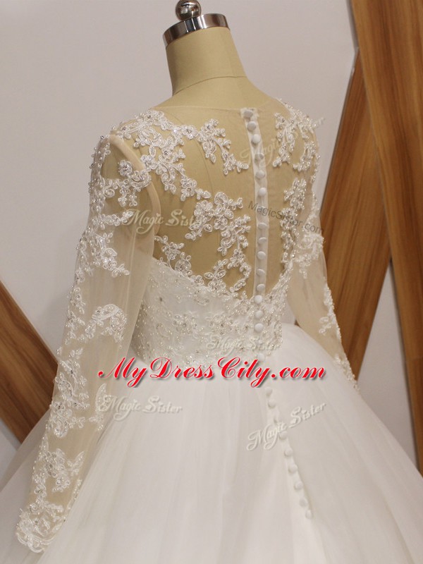 Wonderful White Long Sleeves Brush Train Lace Bridal Gown