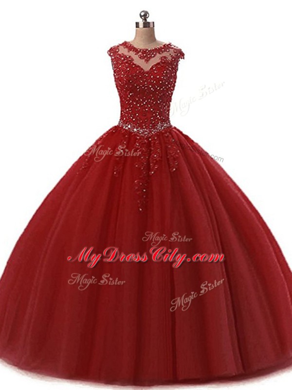 Burgundy Sleeveless Tulle Lace Up Vestidos de Quinceanera for Military Ball and Sweet 16 and Quinceanera