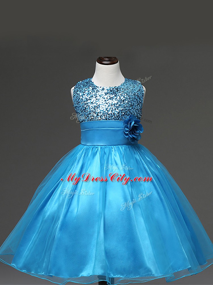 Dramatic Baby Blue Ball Gowns Sequins and Hand Made Flower Flower Girl Dresses for Less Zipper Tulle Sleeveless Knee Length