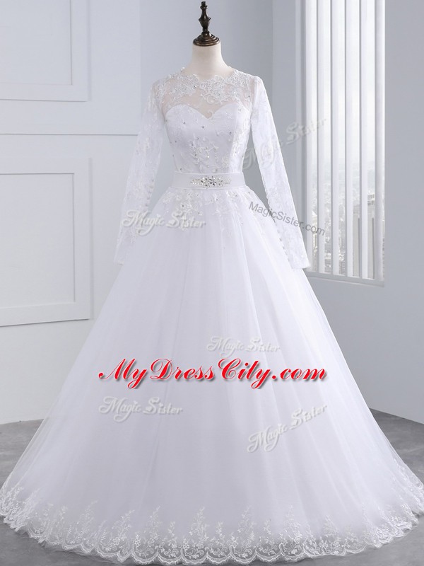 Unique Long Sleeves Brush Train Lace and Appliques Zipper Wedding Gowns