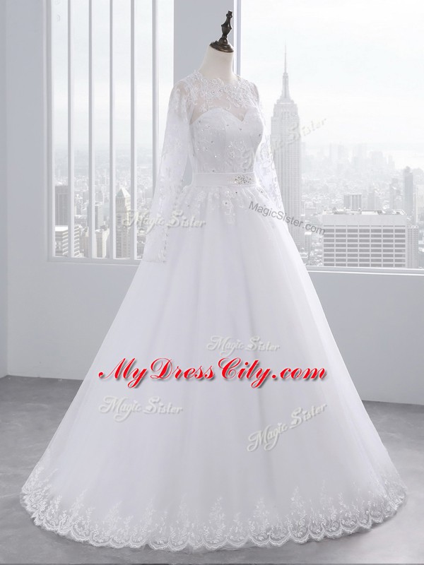 Unique Long Sleeves Brush Train Lace and Appliques Zipper Wedding Gowns