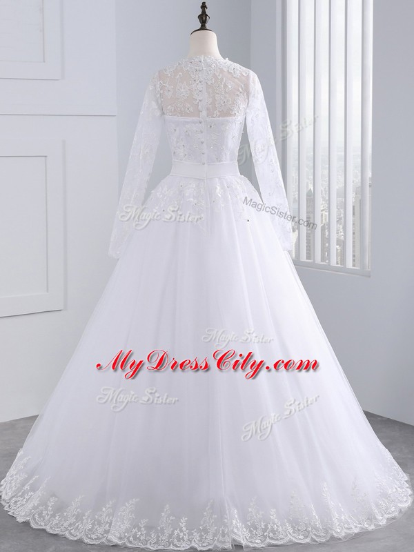 Unique Long Sleeves Brush Train Lace and Appliques Zipper Wedding Gowns