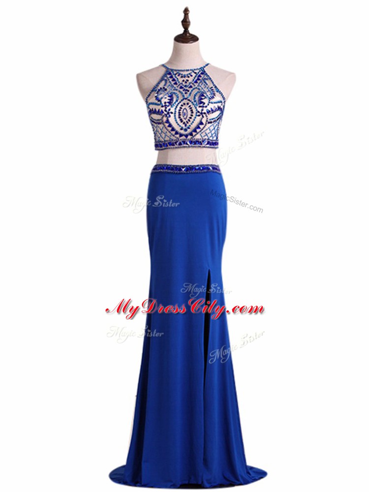 Royal Blue Zipper Scoop Beading Prom Gown Chiffon Sleeveless