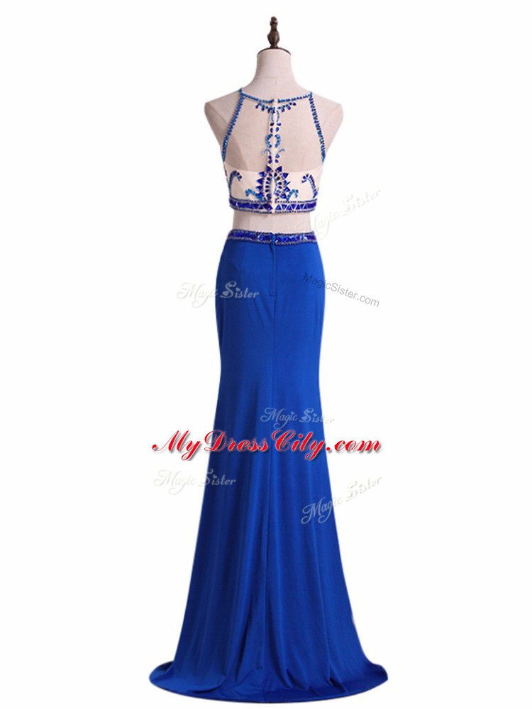 Royal Blue Zipper Scoop Beading Prom Gown Chiffon Sleeveless