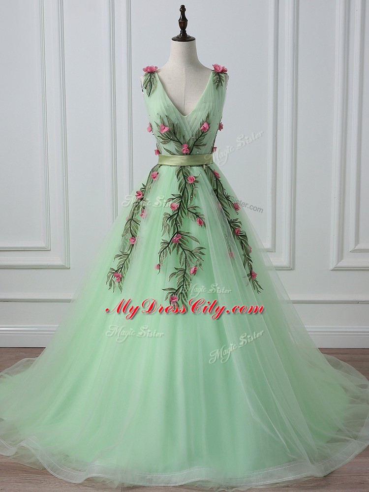 V-neck Sleeveless Court Train Lace Up Prom Gown Apple Green Tulle