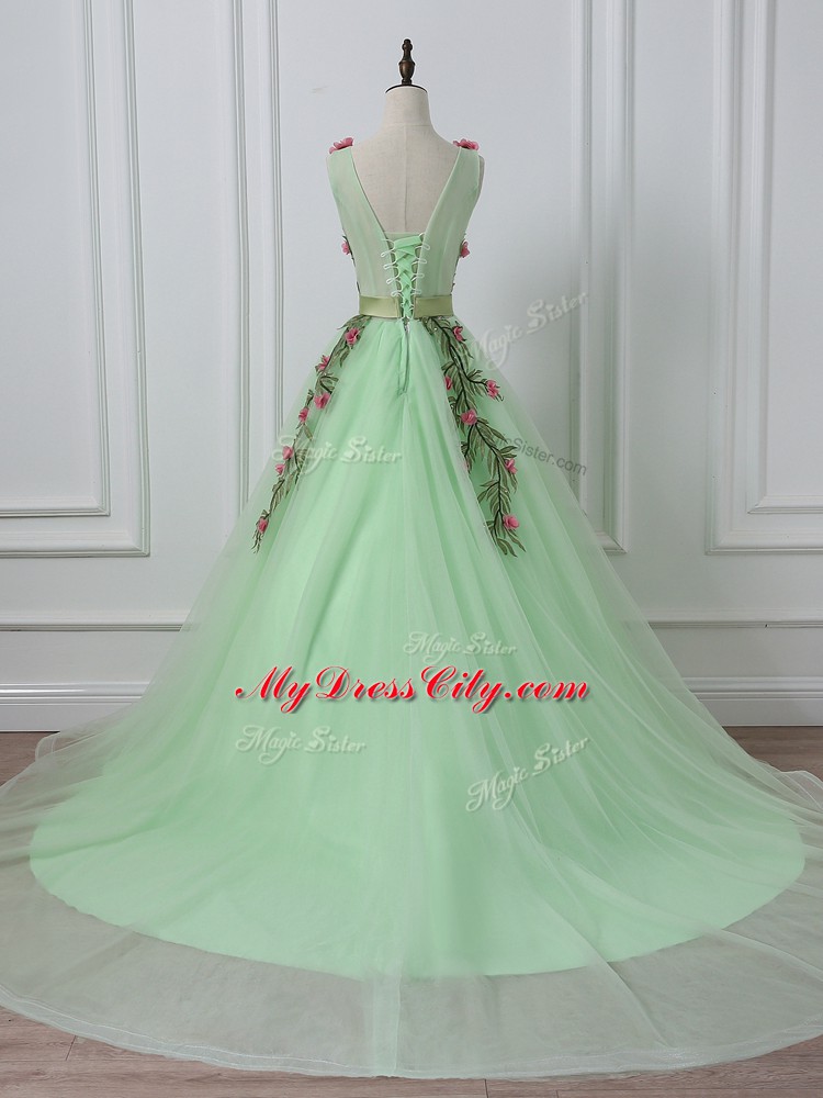 V-neck Sleeveless Court Train Lace Up Prom Gown Apple Green Tulle