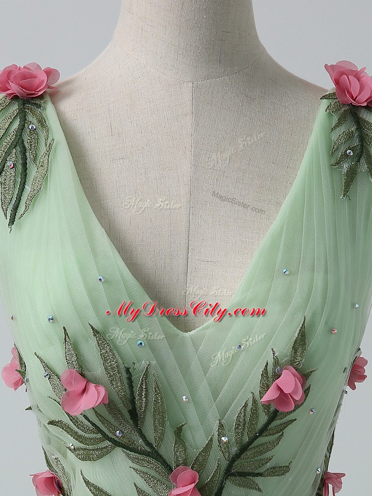 V-neck Sleeveless Court Train Lace Up Prom Gown Apple Green Tulle