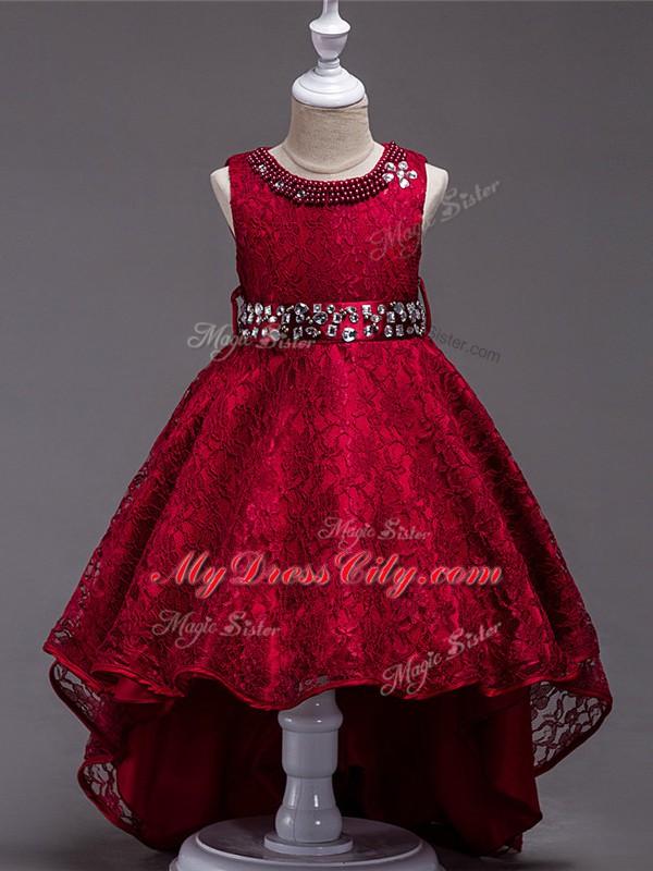 Modern Wine Red Lace Up Scoop Beading Flower Girl Dresses Lace Sleeveless