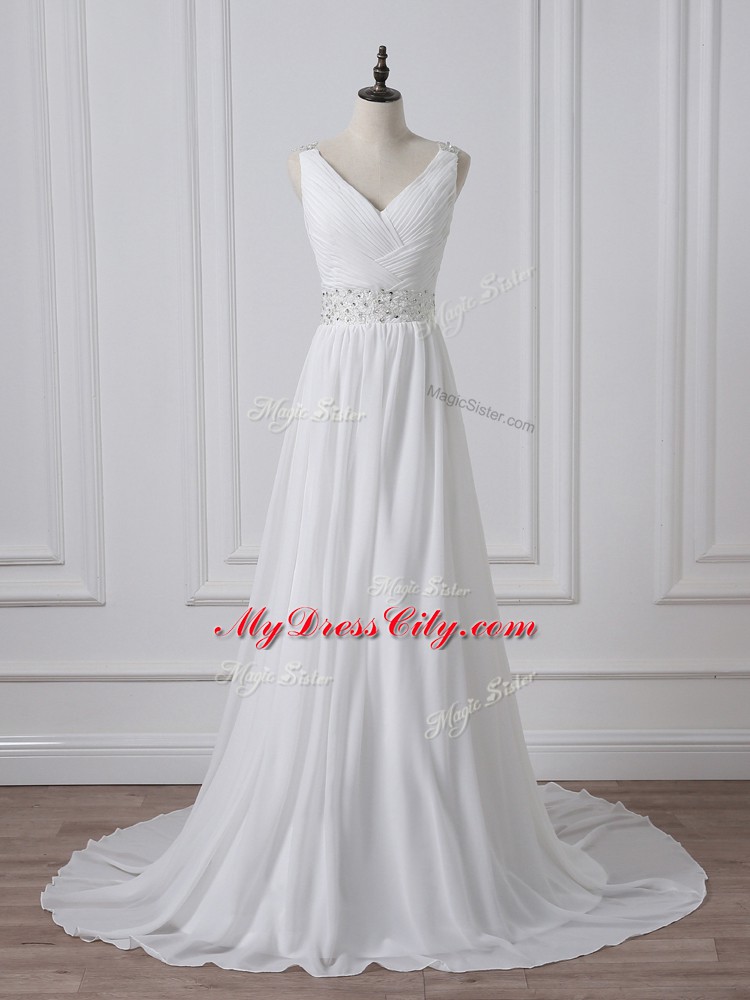 Unique White Sleeveless Brush Train Beading and Ruching Wedding Gown