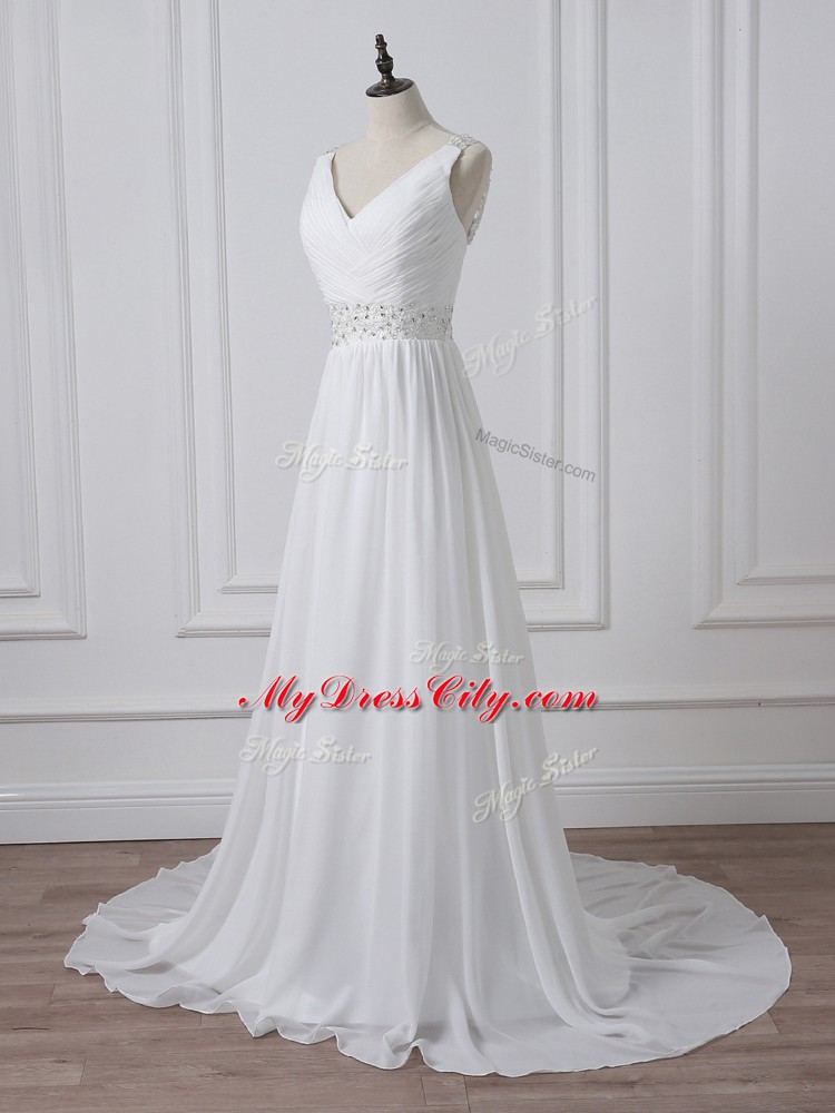 Unique White Sleeveless Brush Train Beading and Ruching Wedding Gown