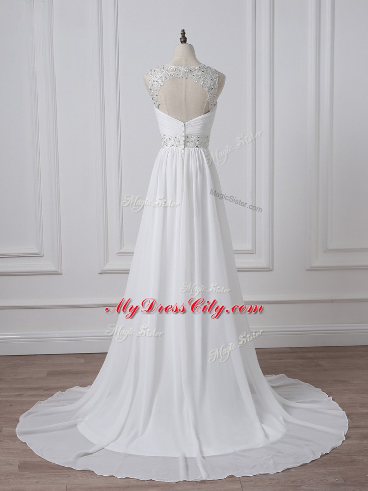 Unique White Sleeveless Brush Train Beading and Ruching Wedding Gown