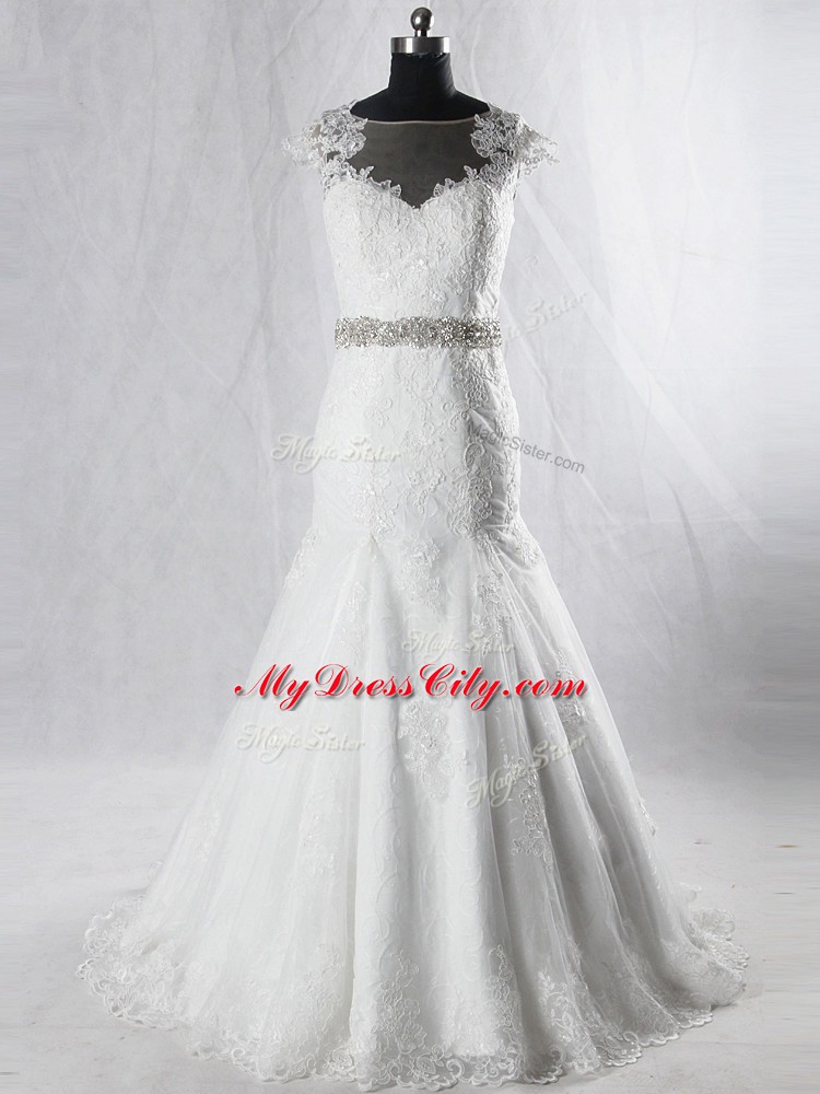 Fabulous Cap Sleeves Beading and Lace Clasp Handle Wedding Dresses with White Brush Train