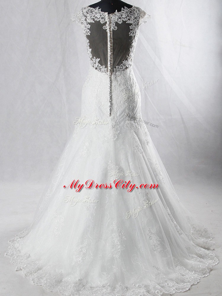 Fabulous Cap Sleeves Beading and Lace Clasp Handle Wedding Dresses with White Brush Train