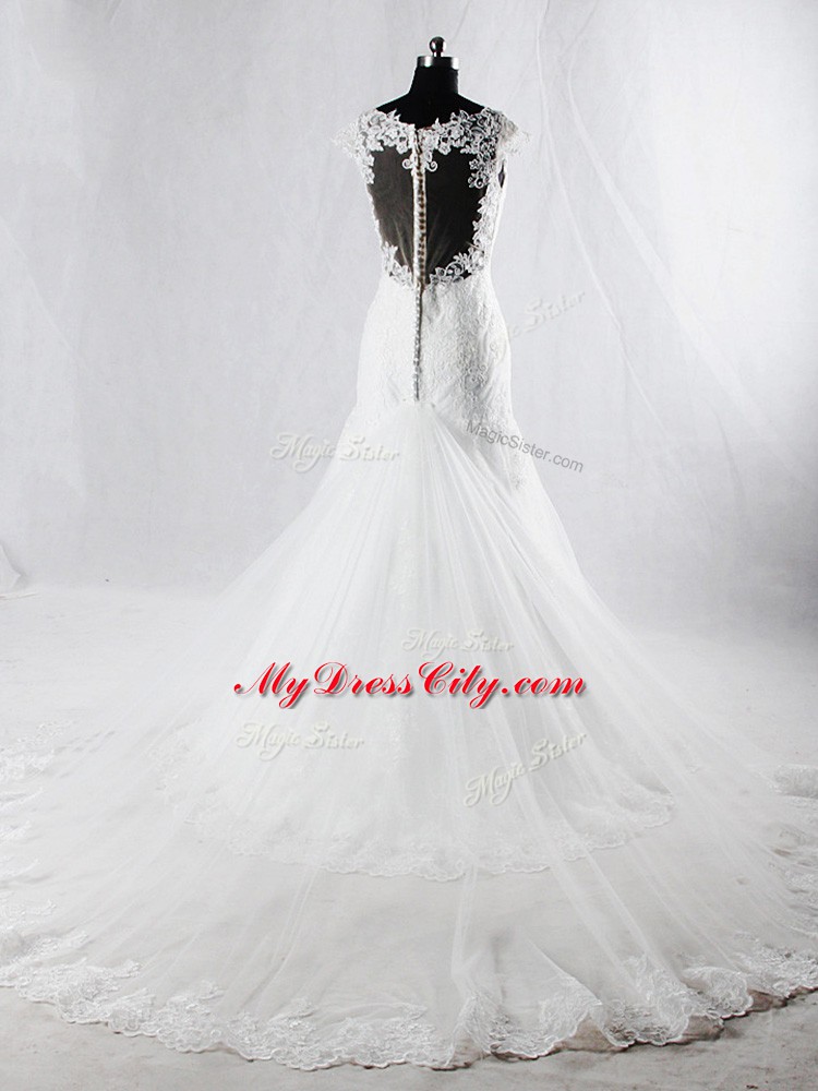 Fabulous Cap Sleeves Beading and Lace Clasp Handle Wedding Dresses with White Brush Train