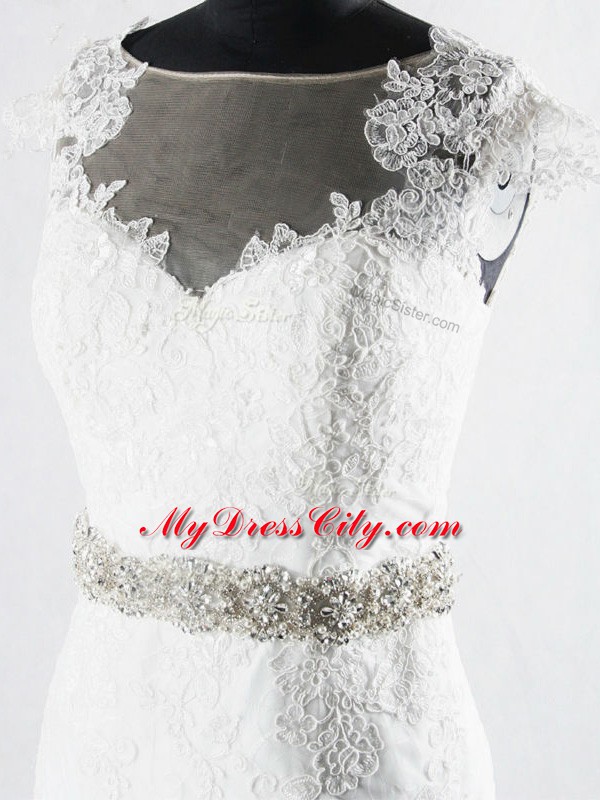 Fabulous Cap Sleeves Beading and Lace Clasp Handle Wedding Dresses with White Brush Train