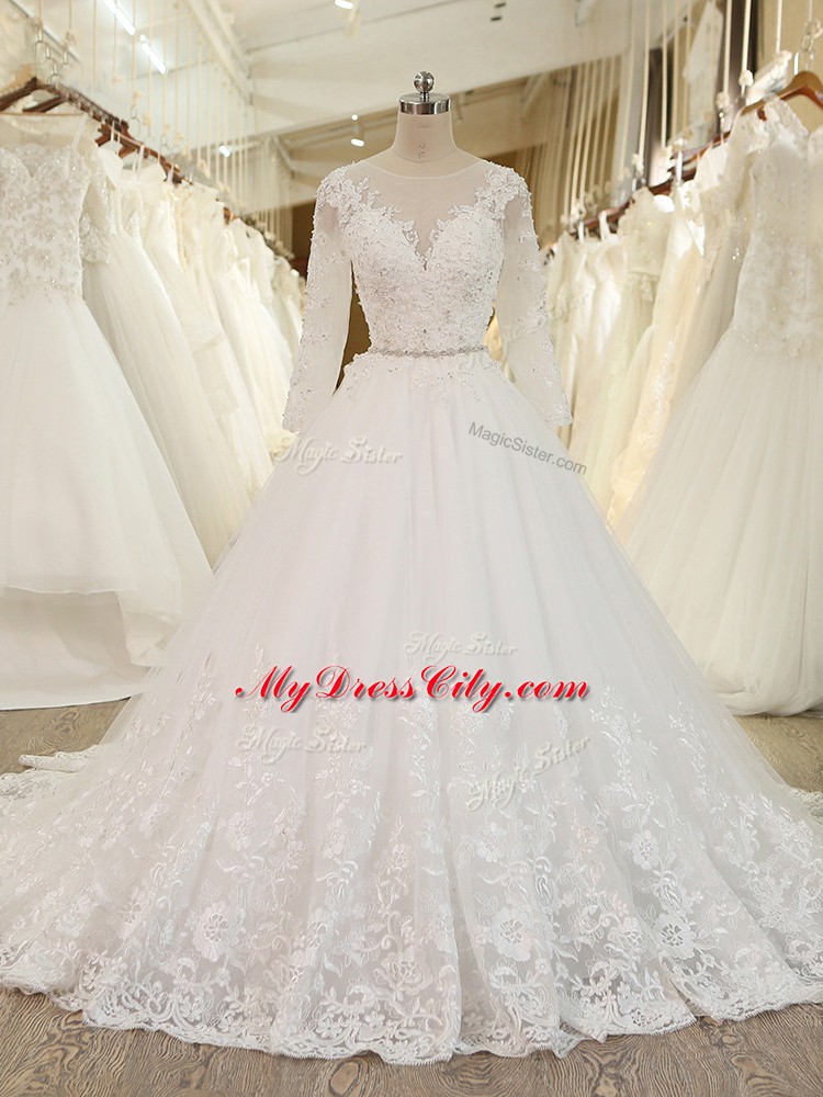 Sophisticated White Ball Gowns Tulle Scoop Long Sleeves Beading and Lace and Appliques Zipper Wedding Gowns Chapel Train