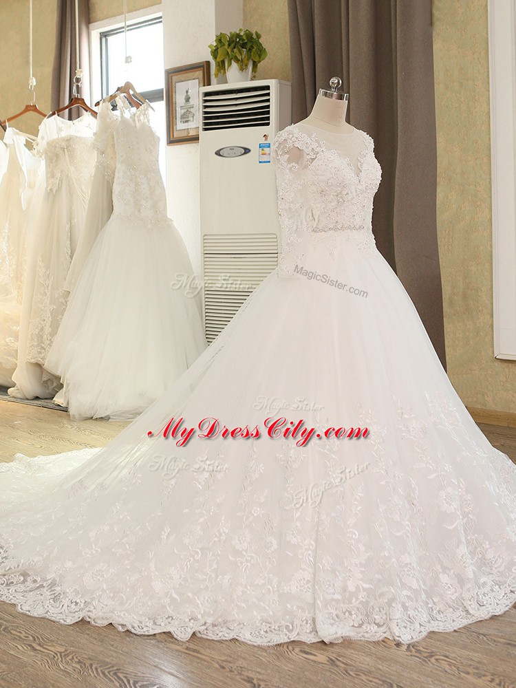 Sophisticated White Ball Gowns Tulle Scoop Long Sleeves Beading and Lace and Appliques Zipper Wedding Gowns Chapel Train