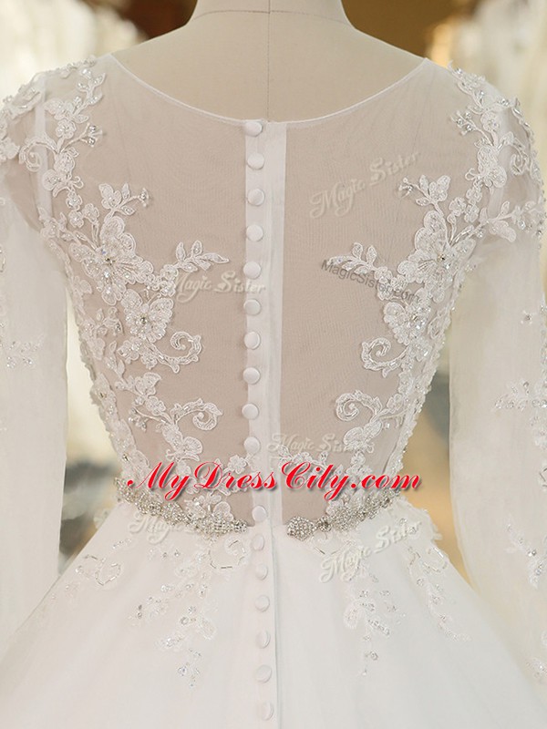 Sophisticated White Ball Gowns Tulle Scoop Long Sleeves Beading and Lace and Appliques Zipper Wedding Gowns Chapel Train