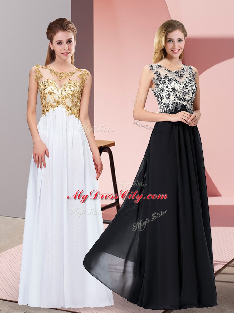 Luxurious White Chiffon Zipper Prom Party Dress Sleeveless Floor Length Appliques