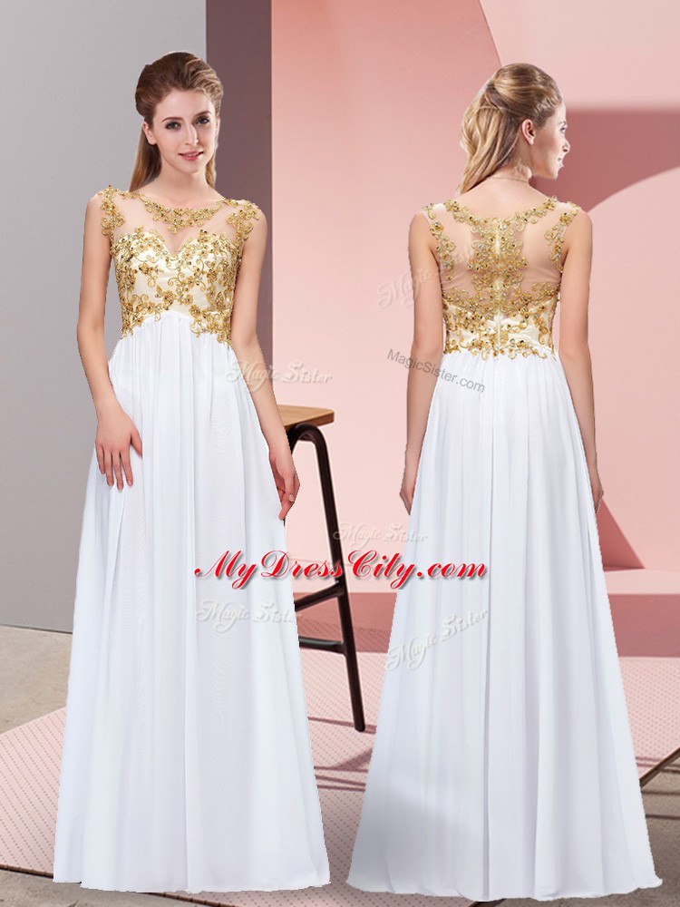 Luxurious White Chiffon Zipper Prom Party Dress Sleeveless Floor Length Appliques