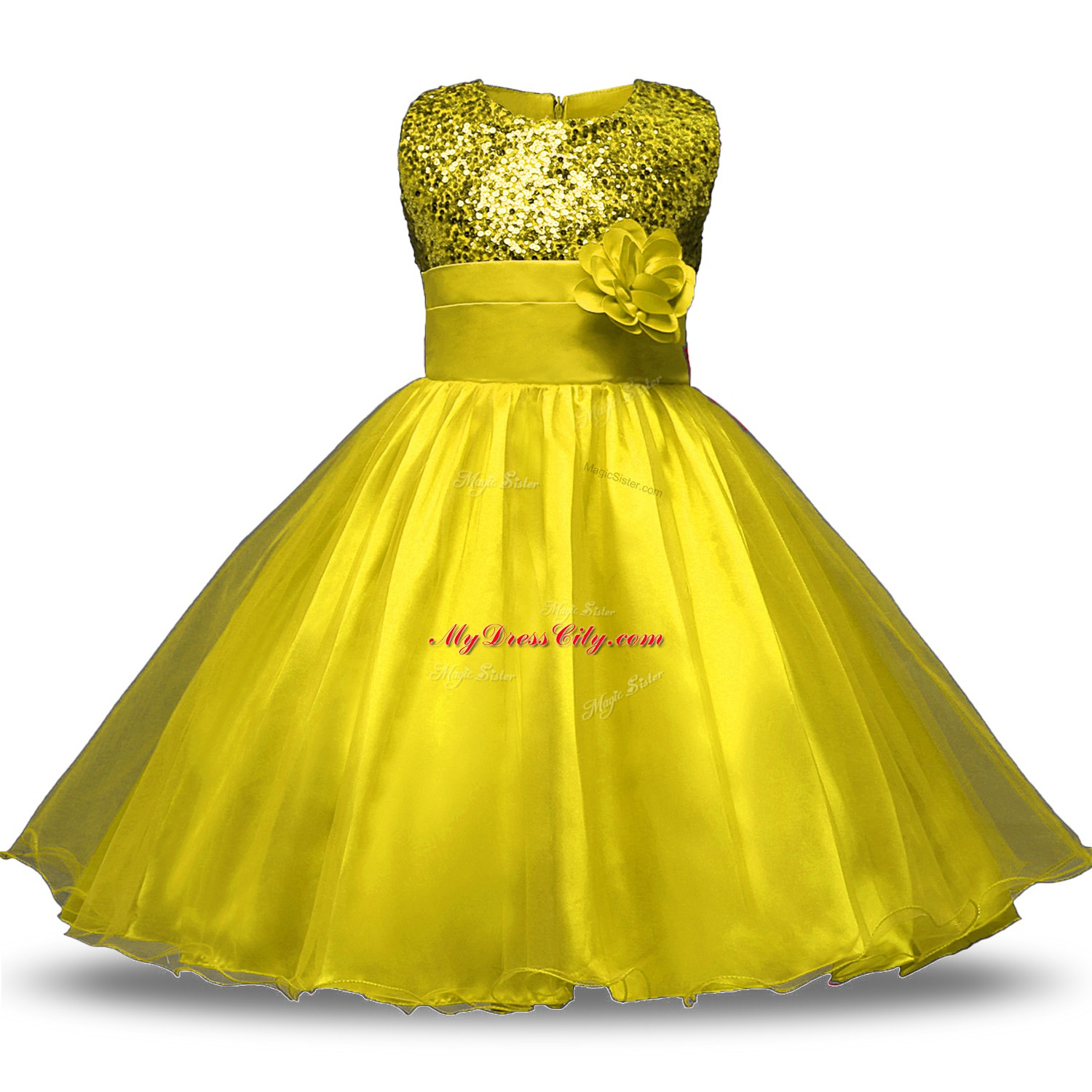 Unique Yellow Sleeveless Bowknot and Belt and Hand Made Flower Knee Length Flower Girl Dresses