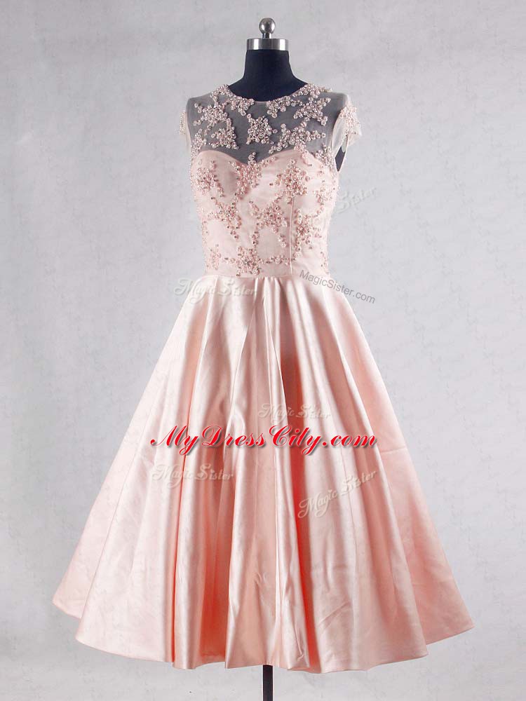 Taffeta Scoop Sleeveless Zipper Beading and Appliques Prom Gown in Pink