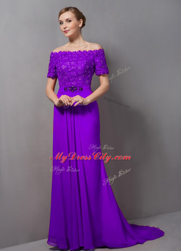 Lace Mother Dresses Eggplant Purple Zipper Short Sleeves Sweep Train