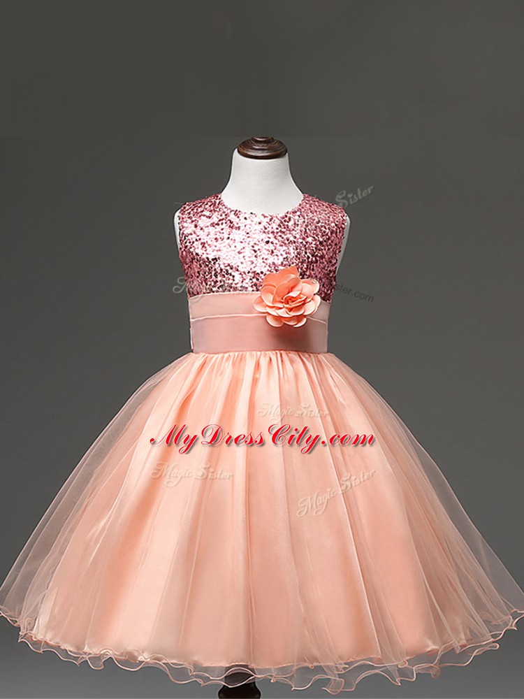 Customized Peach Scoop Neckline Sequins and Hand Made Flower Flower Girl Dress Sleeveless Zipper