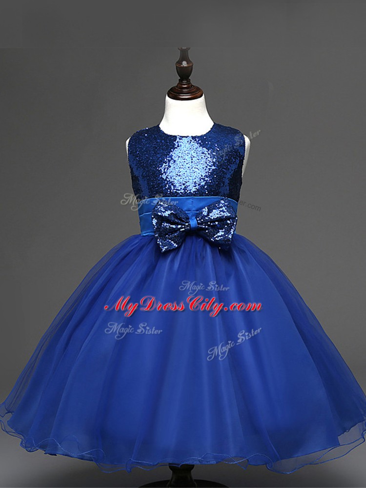 Customized Tea Length Ball Gowns Sleeveless Royal Blue Little Girls Pageant Gowns Zipper