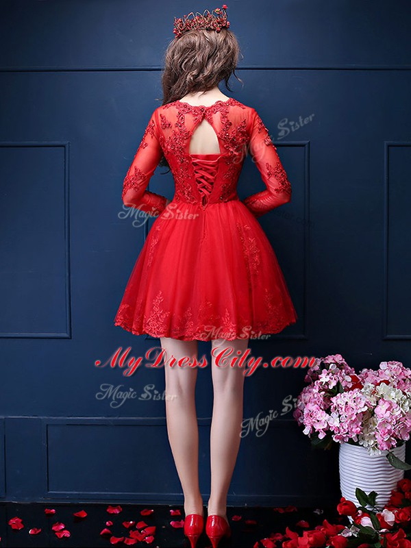 Blue A-line Scalloped 3 4 Length Sleeve Chiffon Mini Length Lace Up Beading and Lace and Appliques Vestidos de Damas